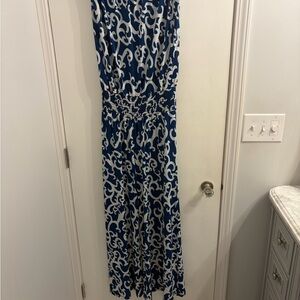 Blue and White Smocked-Waist Patterned Sleeveless Jumpsuit
